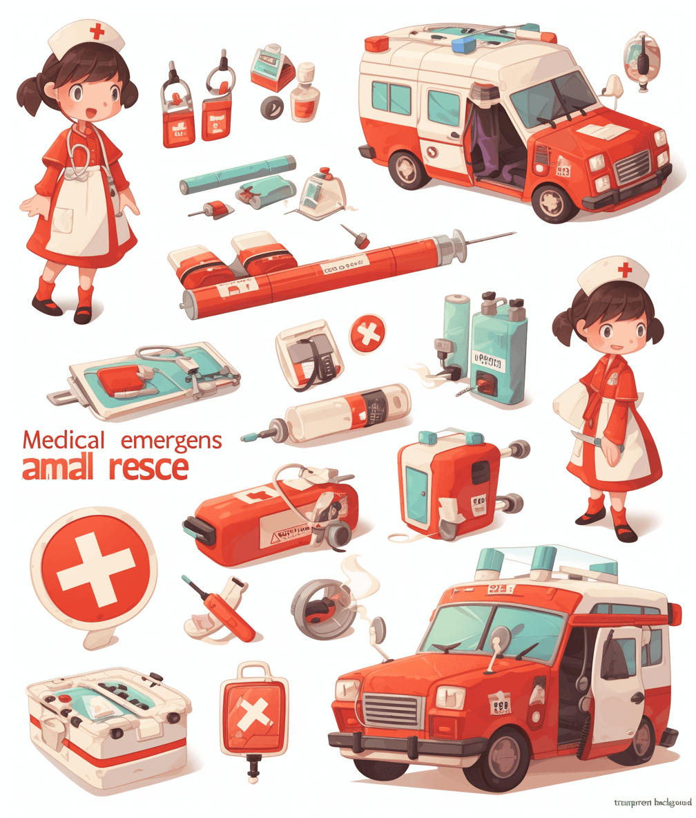 This illustration features different medical emergency items such as an ambulance, red cross, and other nurse tools. The text “internal rescue” appears in white letters on a transparent background. The style should be cartoonish with bold lines and flat colors. A cute girl dressed in the style of characters from old anime games popular around 2005 would stand next to some first aid supplies. She has short hair and wears scrubs or traditional children’s hospital attire.