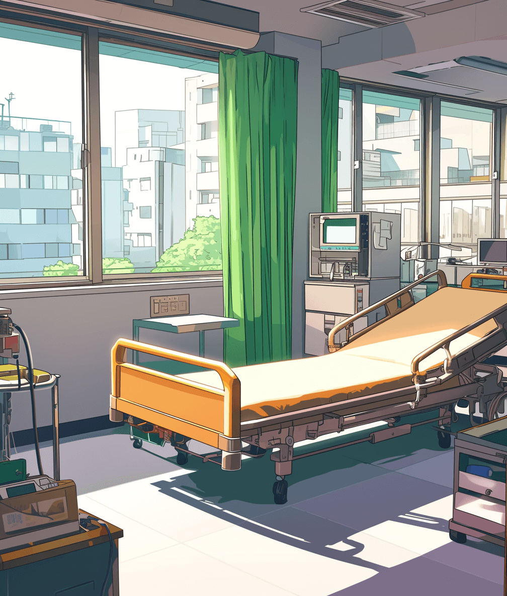 The hospital room has an empty bed, with green curtains and sunlight shining in from the window outside. There is medical equipment on both sides of it, creating a warm atmosphere. The illustration style should have bold lines and bright colors to highlight details. In the style of cartoon anime with bold lines and bright colors. In the style of manga with bold lines and bright colors. In an anime aesthetic style with bold lines and bright colors. The background features urban buildings outside the windows. High resolution details.