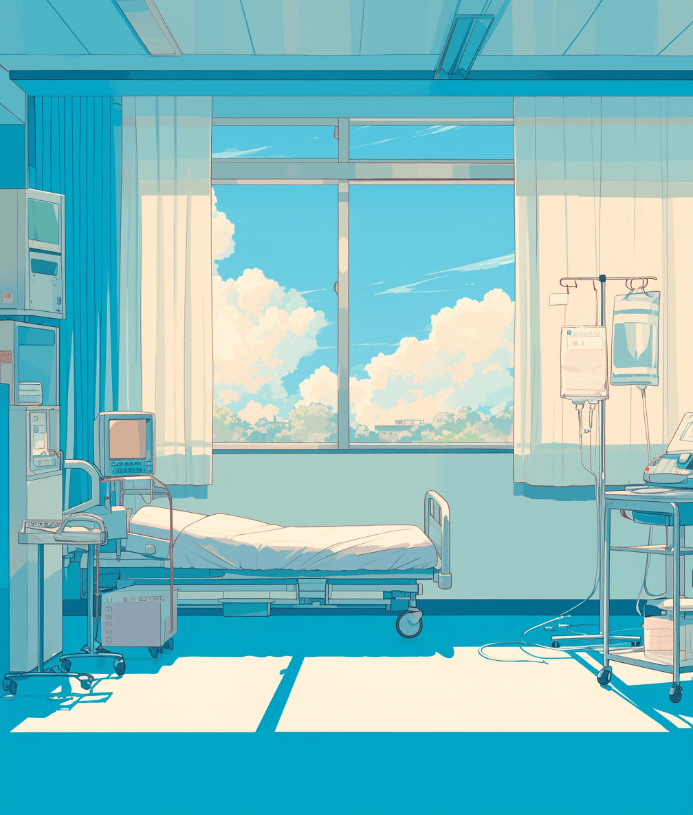 In the hospital room, there is an empty bed and medical equipment on both sides. The background features a blue sky with white clouds outside the window. It has flat illustrations in the style of Japanese anime, with a simple line art approach. Soft colors are used to highlight details.