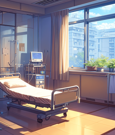 In the hospital, there is an empty bed in front of you and medical equipment on both sides of it. The window outside has sunshine and green plants. Anime style, warm colors, detailed background, bright light source, high resolution.