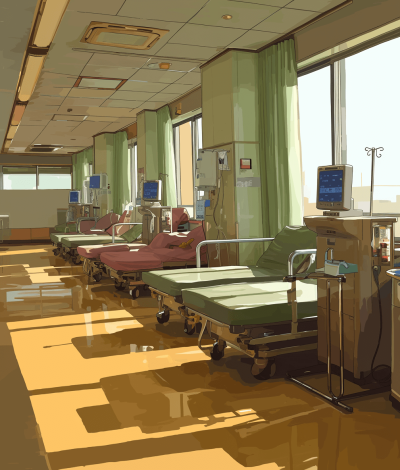 A hospital ward with several beds, the sun shines in from outside through large windows, warm colors, anime style, flat illustration, high resolution, no characters, anime art style, in the style of [Atey Ghailan](https://goo.gl/search?artist%20Atey%20Ghailan) and [Jon Klassen](https://goo.gl/search?artist%20Jon%20Klassen).