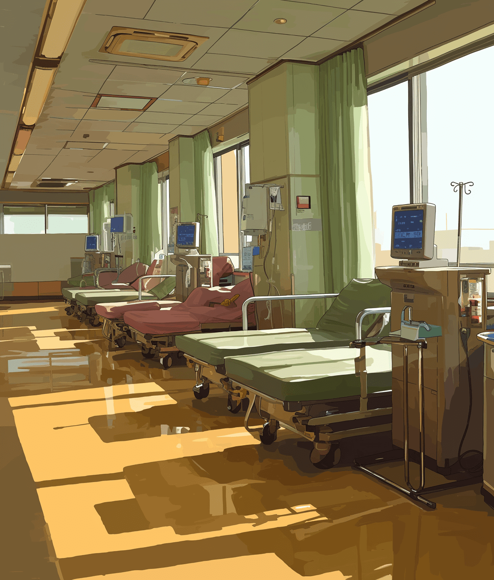 A hospital ward with several beds, the sun shines in from outside through large windows, warm colors, anime style, flat illustration, high resolution, no characters, anime art style, in the style of [Atey Ghailan](https://goo.gl/search?artist%20Atey%20Ghailan) and [Jon Klassen](https://goo.gl/search?artist%20Jon%20Klassen).