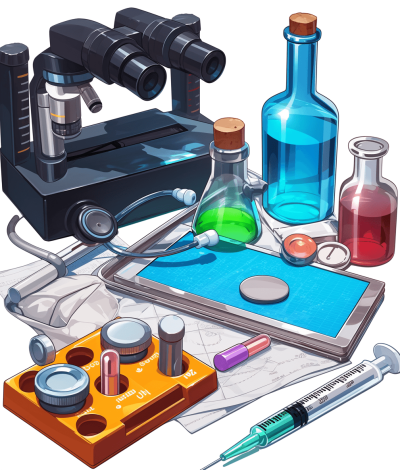 An illustration of various scientific tools such as microscopes, test tubes and lab equipment on a white background. The art style is vector with a digital painting appearance, presented at high resolution with intricate details. The image has sharp focus and highly detailed rendering in the style of hyperrealism.