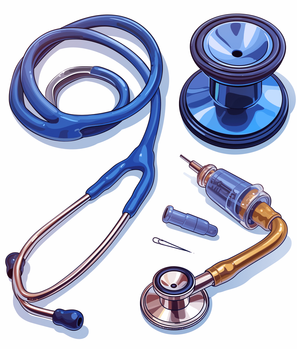 Stethoscope, syringe and health kit on a white background vector illustration in the style of a cartoon, detailed, sticker design, with blue colors, vector clipart, detailed, with a white border