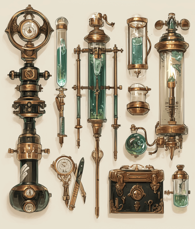 A set of steampunk-style scientific tools, illustrated in the style of [John James Audubon](https://goo.gl/search?artist%20John%20James%20Audubon) and [Atey Ghailan](https://goo.gl/search?artist%20Atey%20Ghailan), D&D item concept art