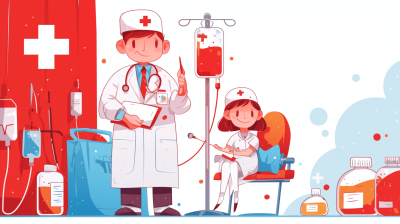 A doctor and nurse stand next to the IV bag, surrounded by medical equipment such as vials of red color and blue bottles with white labels. The background is an illustration in the style of flat design, featuring a simple line art aesthetic with bright colors. A child sits on a chair holding onto her mother's hand while getting his armwinning. White background, high resolution, high detail.