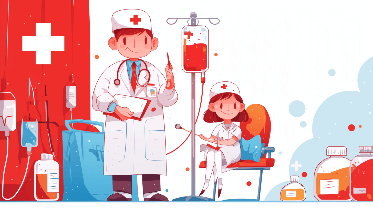 A doctor and nurse stand next to the IV bag, surrounded by medical equipment such as vials of red color and blue bottles with white labels. The background is an illustration in the style of flat design, featuring a simple line art aesthetic with bright colors. A child sits on a chair holding onto her mother’s hand while getting his armwinning. White background, high resolution, high detail.