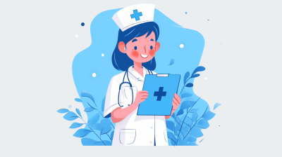 A nurse holding medical documents, simple flat illustration with a white background and blue color palette, in the style of dribbble, in the style of behance design, cute cartoon character