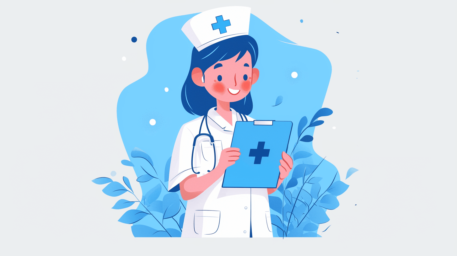 A nurse holding medical documents, simple flat illustration with a white background and blue color palette, in the style of dribbble, in the style of behance design, cute cartoon character