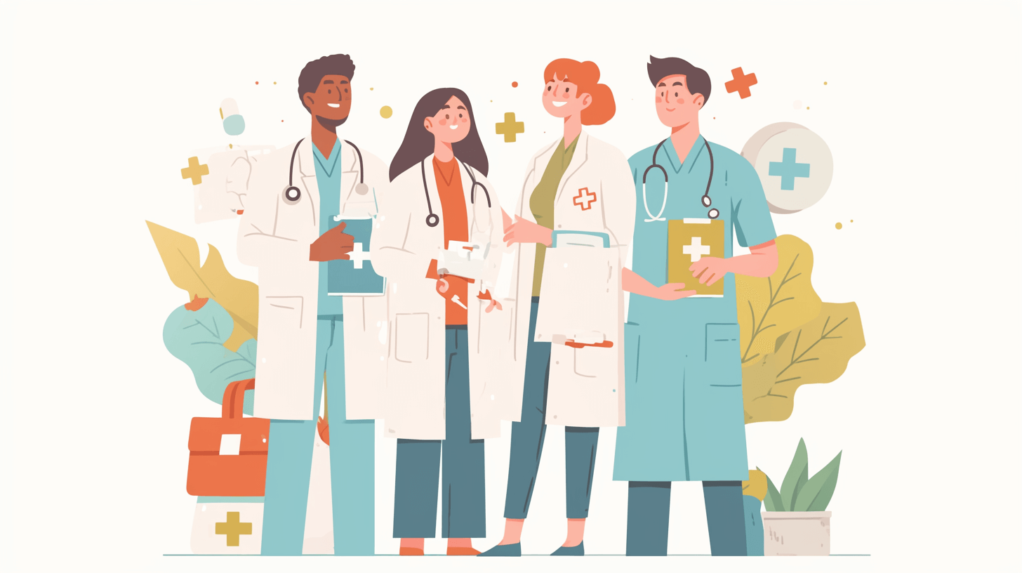 Illustration of a medical team standing together in the style of L maleshka, shutterstock contest winner. The illustration is in a flat design style with simple shapes and minimal details on a white background. It is a professional vector illustration created with adobe illustrator in a flat, cartoonish style with simplified figures and clean lines.