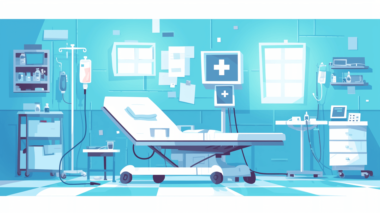 A flat vector illustration of an empty hospital room with medical equipment and a patient bed, using shades of blue to convey trust, security, professional care, and technology. The color palette includes shades of light blue, white, and grey. A minimalistic graphic that captures the essence of modern healthcare in the style of a background design element for a website or presentation.