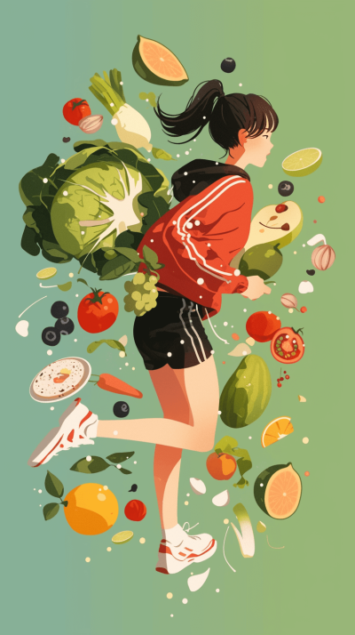 A flat illustration of an Asian girl running with her back to the camera, wearing sportswear and sneakers on her feet. She is surrounded by various fruits, vegetables, grains, legumes, fish and meat floating in space around her. The background color should be green or blue-green. Her hair must have black bangs and be tied behind her head. In front of her there is some light shining from above. A graphic design poster in the style of flat style, simple vector art, minimalism, with no shadows and colorful.