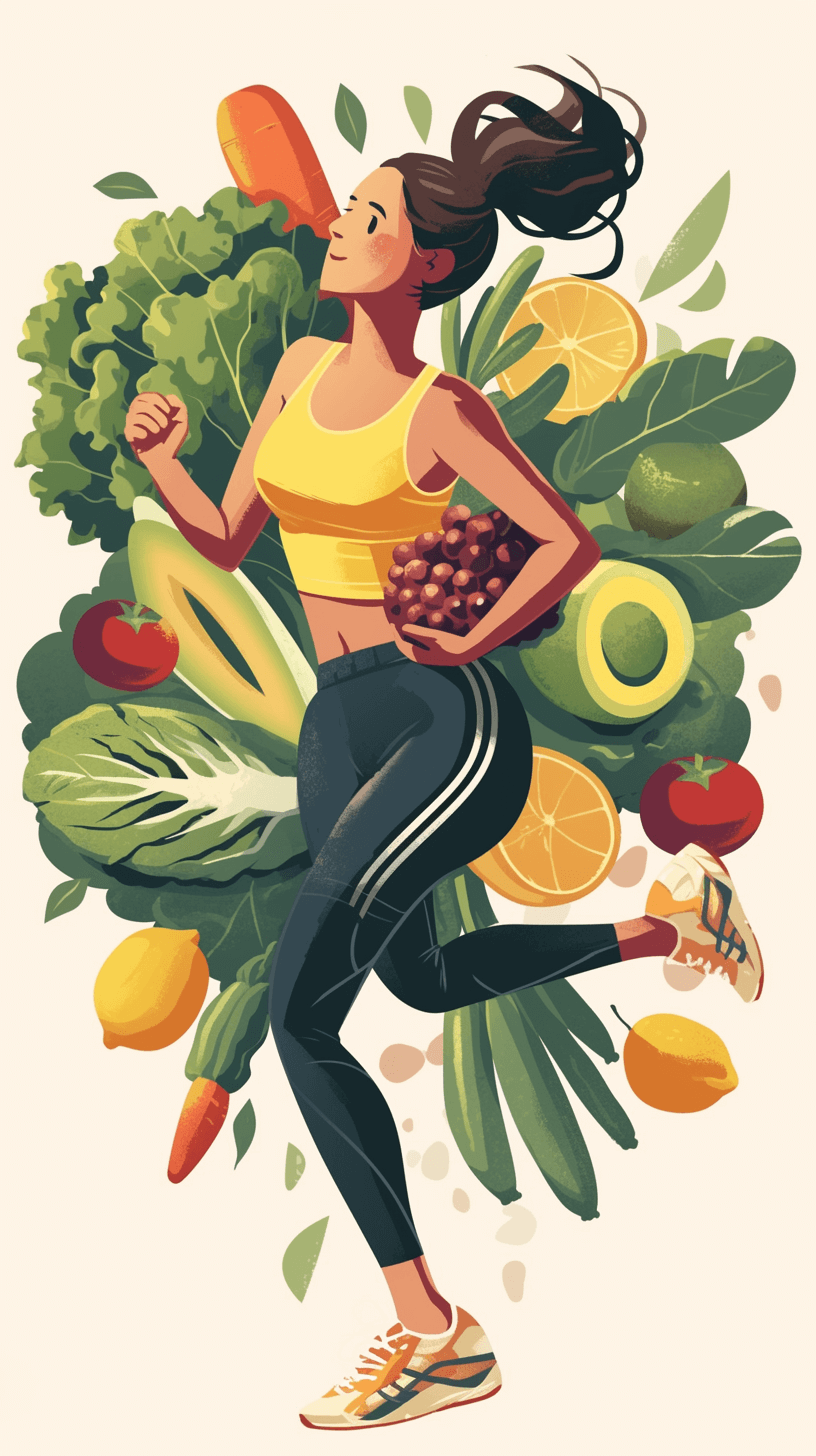 A woman in sportswear running, surrounded by fresh fruits and vegetables vector illustration, light background, cute cartoon style, colorful, detailed design, flat color blocks, 2D illustrations, simple backgrounds, flat colors, high resolution, bright colors, high detail, high quality, high definition, high resolution, high detail, high detail, high detail, high details, high resolution, high details, high resolView from the side