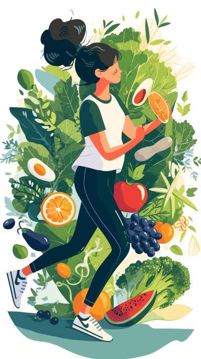 A woman is running with healthy food in her hands, surrounded by vegetables and fruits. Vector illustration style. A flat vector design of an Asian girl wearing sportswear happily eating fresh fruit slices while walking through the garden full of leaves. She has dark hair tied back on one side, wears white sneakers, holds an orange slice close to chest and runs around the greenery, lots of foliage. On background there's many different types organic vegetable plants, a lot of leafs.