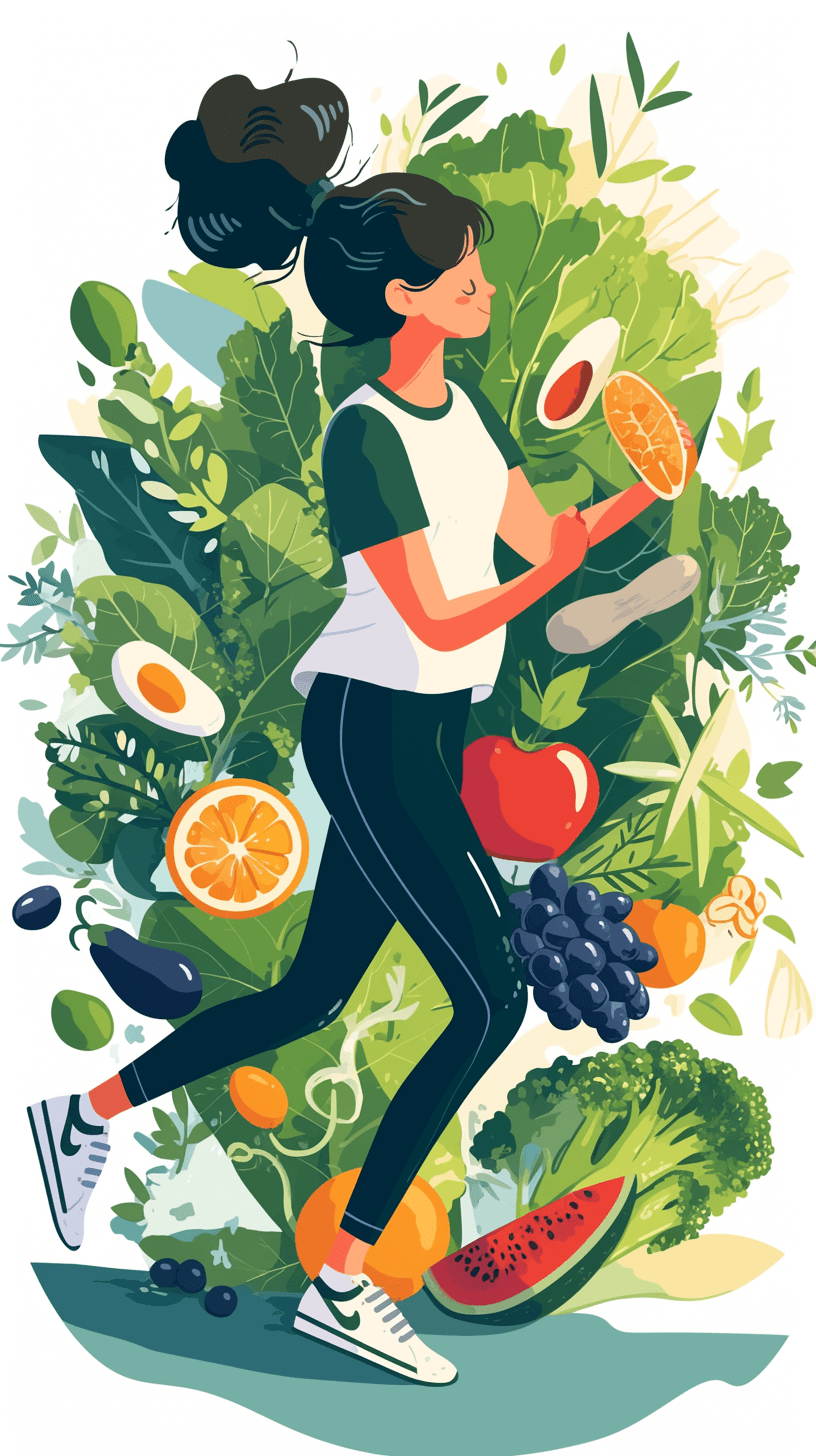 A woman is running with healthy food in her hands, surrounded by vegetables and fruits. Vector illustration style. A flat vector design of an Asian girl wearing sportswear happily eating fresh fruit slices while walking through the garden full of leaves. She has dark hair tied back on one side, wears white sneakers, holds an orange slice close to chest and runs around the greenery, lots of foliage. On background there’s many different types organic vegetable plants, a lot of leafs.