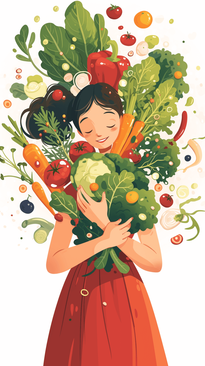 A woman embracing vegetables, in a flat illustration style with vibrant colors and dynamic shapes, on a white background, in the style of flat design vector graphics, colorful illustrations, cute cartoon characters, with detailed character designs, graphic design elements, digital art, in the style of flat vector, high resolution vector, high detail, high quality, high definition, high resolution, high sharpness, high contrast, high color saturation, on a white background, a full body portrait, with a happy expression.