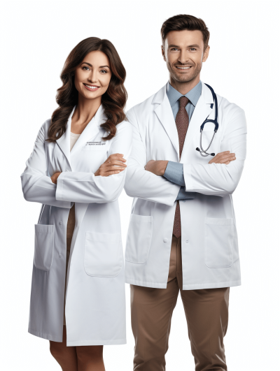 photorealistic full body portrait of two happy male and female doctors in white coats, arms crossed over chest pose, smiling face expression, looking at camera, front view angle, warm colors, isolated on solid color background, high resolution photography, insanely detailed, cinematic lighting, high details, full hd shot, white background