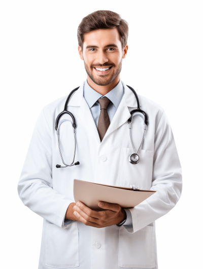 Handsome male doctor smiling holding medical documents in the style of isolated on white background.