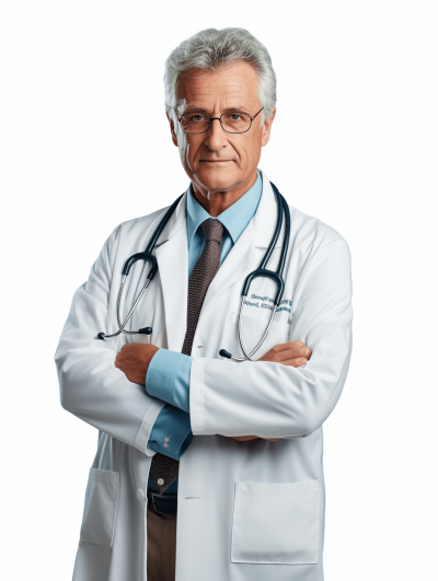 A portrait of an elderly doctor in his white coat, with glasses and short grey hair, standing tall against the backdrop of professional photography. He is looking directly at camera with confident gaze, arms crossed on chest. The background should be pure white to highlight their facial features. High resolution, detailed skin texture, professional studio lighting.