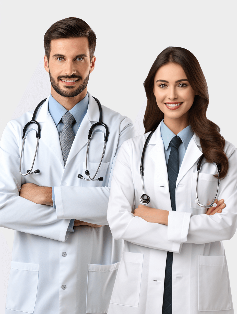 Two young doctors, a male and a female, wearing white lab coats with stethoscopes around their necks, smile with their arms crossed standing in front of a grey background. The portrait photography is done in the hyper realistic, hyper detailed style.