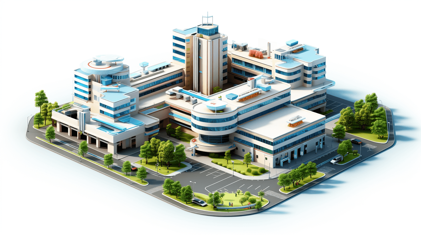 3d isometric city hospital building, white background, blue and grey colors, high resolution, hyper realistic details, sharp focus, intricate design of the hospital buildings with parking lots in front of it, surrounded by trees,