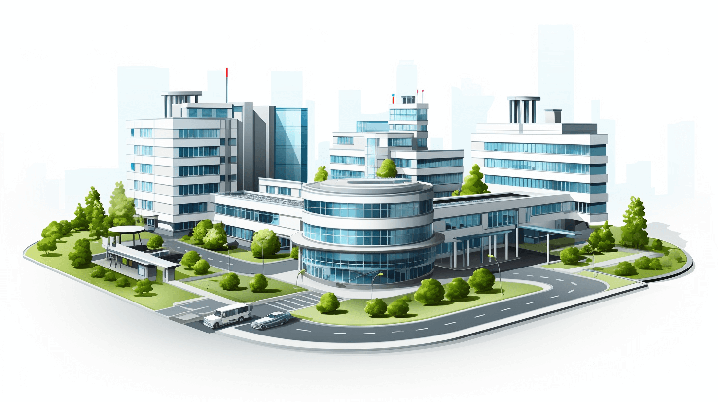 High-tech hospital building with medical research facility and clinic vector illustration on white background, detailed illustration, high resolution, professional photograph. The ultra-detailed illustrations showcase the architectural beauty of modern urban buildings against a light blue sky, with green trees adding color to the cityscape in the style of cartoon.