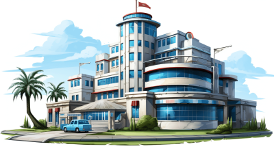 A hospital building depicted in the style of cartoon illustration, with blue and white colors, cartoon realism, a skyblue color scheme, vector graphics, high resolution, a clear background, and cartoon game art style. It has a single floor structure, a front view, and an isolated car parked at its entrance. The top roof is decorated with red flags, while other parts have modern design elements such as large windows and glass doors. There is also green vegetation around it. It has a playful atmosphere. A clean background with a clear outline.