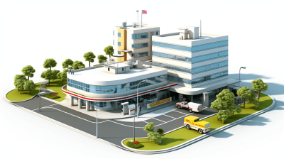 3D isometric view of a hospital building with a parking lot and trees. A yellow medical service van is parked in front on a white background with a white sky. The view is from a high angle and features high resolution, high quality, high detail in the style of a hyper realistic and hyper detailed rendering.