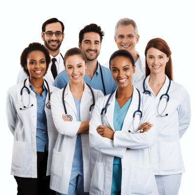 A group of diverse doctors, happy and smiling, standing in front view with arms crossed against a white background. The realistic photo features high resolution photography in the style of professional color grading with soft shadows and clean sharp focus, isolated on the edges.