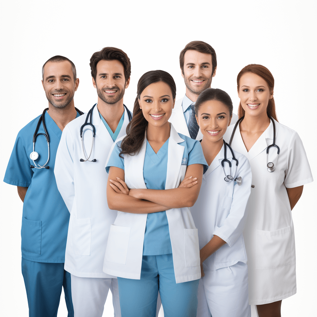 A group of multiracial male and female doctors, wearing medical , smiling with arms crossed on a white background. It is a full body portrait photographed in a professional studio with high resolution, realistic skin tones and textures, detailed , and soft shadows without harsh contrasts. The subject is isolated against the white background.