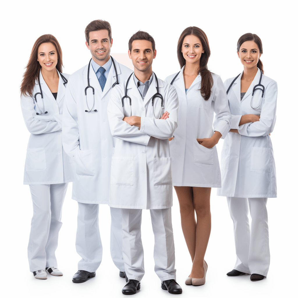 5 male and female doctors standing side by side, white coats, smiling faces, in a full body shot, isolated on a white background, high resolution photography, professional photograph, in the style of a professional photoshoot, white background, no shadows, no contrast, no highlights, no reflections, no light leaks, no blur