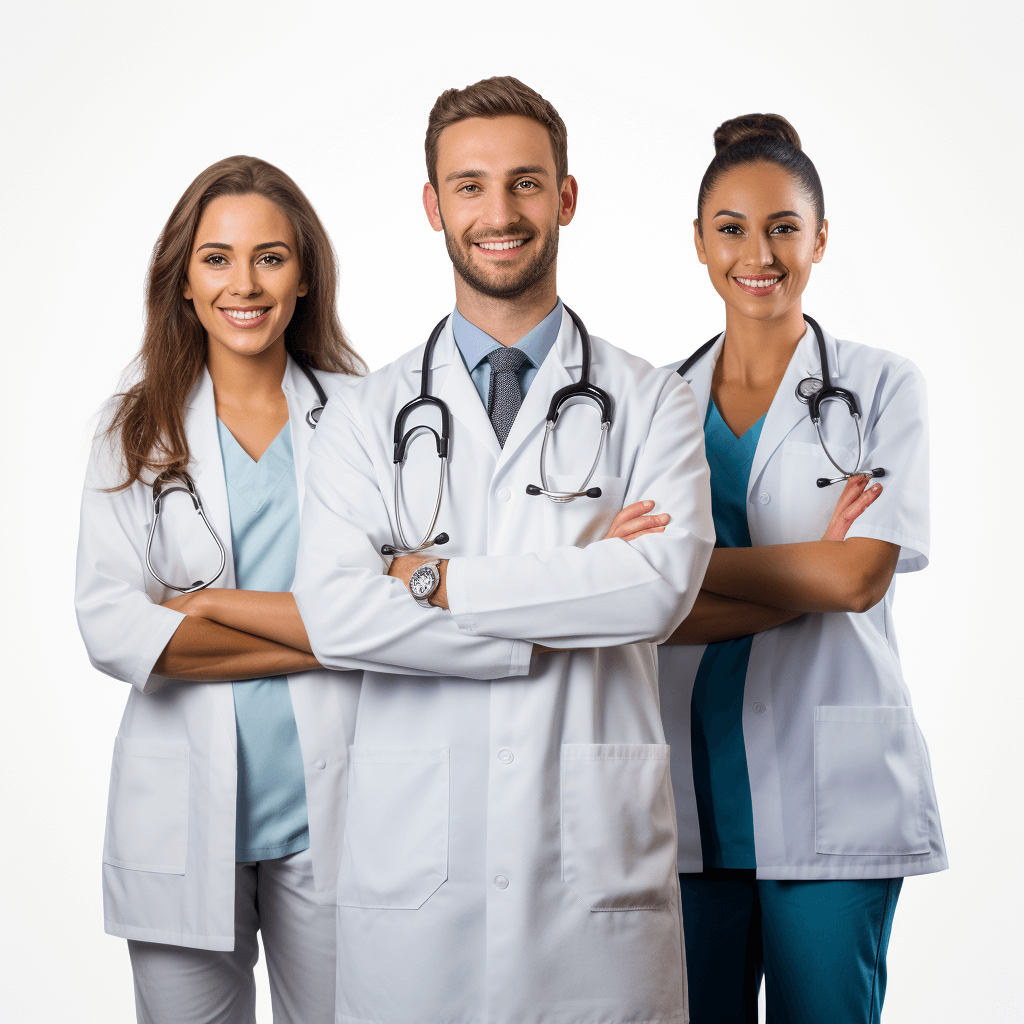 Three young doctors, both male and female, wearing white coats with stethoscopes around their necks, smiling with crossed arms, standing side by side on an isolated background. It is a professional, high resolution and realistic portrait photography shot in a studio with white lighting and full body details. The image has a white color theme and high details in the style of hyperrealistic stock photography.