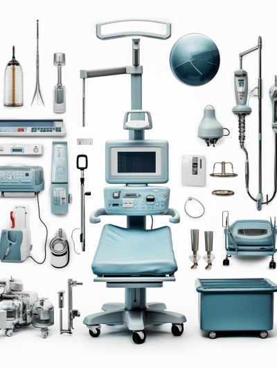 A set of medical equipment, including an operating table and other items, are displayed against a white background. The color scheme includes light blue tones for metal parts such as furniture and lighting accessories, and silver colors for glass or plastic components. This design highlights modernity with high-definition images, suitable for use in advertising and promotional materials.