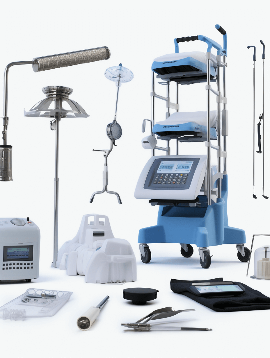 3D product renderings of a medical equipment set in the style of a blue color scheme on a white background. The rendering includes a medical trolley with a digital display and other instruments. White space is on the left and right sides of the composition, which is shot at a 45 degree angle. The high resolution renderings are 2D.