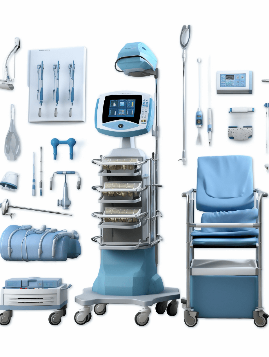 A realistic photo of a complete set of medical equipment with the product in focus and other accessories on a white background, with a light blue color theme. The photo is in the style of photorealistic, hyperrealism with high resolution photography showing full body shots with detailed skin texture. The photo is very sharp with super realistic and highly detailed images of high quality.