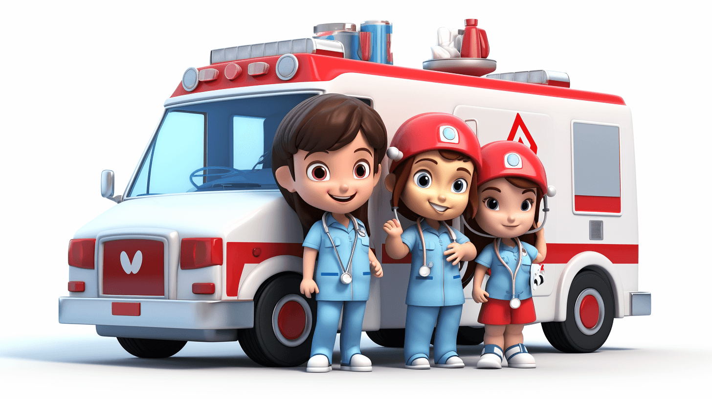 Cartoon style, three cute children in nurse uniforms stand next to an ambulance on white background, 3D cartoon character design with a simple and minimalistic style.