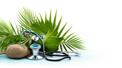 Stethoscope with palm leaves on white background, copy space concept for medical health care and travel flight(sorted in frame left to right someone is holding bag made of coconut shell that has some natural fiber inside the outside looks like coconut skin, medical equipment for pr Laurel wreath , all elements are connected by one line , high resolution photography, professional photograph