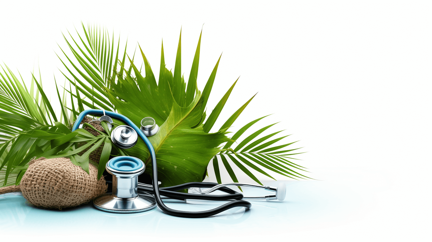 Stethoscope with palm leaves on white background, copy space concept for medical health care and travel flight(sorted in frame left to right someone is holding bag made of coconut shell that has some natural fiber inside the outside looks like coconut skin, medical equipment for pr Laurel wreath , all elements are connected by one line , high resolution photography, professional photograph