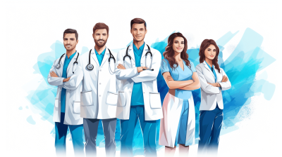 A group of young happy doctors standing together, in a vector illustration with a white background and blue watercolor elements, with professional color grading, soft shadows, minimal contrast, and clean sharp focus.