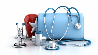 3d render of medical equipment and blue bag with white background, health care concept, no people or human elements in the scene, red apple on top of stethoscope, professional photography style, high resolution,