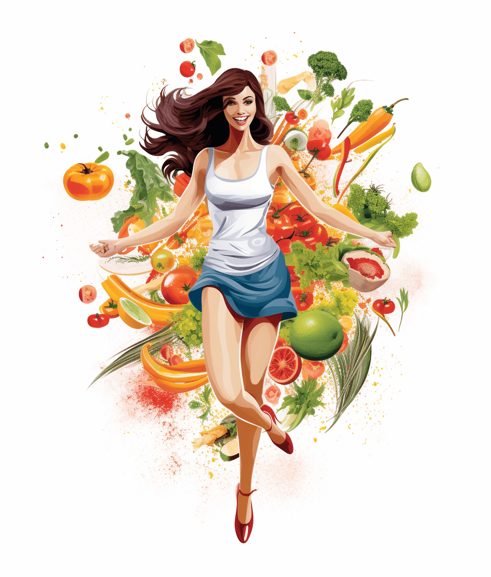 vector illustration of a beautiful woman jumping surrounded by vegetables and fruits against a white background, in the style of a tshirt design with high contrast