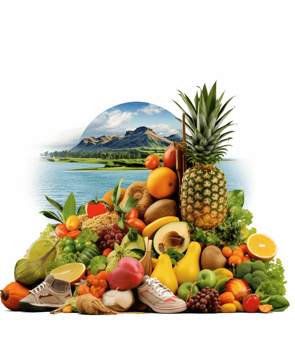 A pile of fruits, vegetables and grains with shoes in the foreground, behind is an island surrounded by water with greenery and mountains on it, against a white background, photo realistic and colorful, with highly detailed, high resolution and high quality imagery, sharp focus and details, high definition and high contrast, in the style of professional photography.