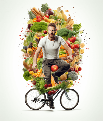 A man on his bike surrounded by fruits and vegetables, light grey background, photorealistic landscapes in the style of provia, circular shapes, natural materials, colorful costumes, organic forms, white background