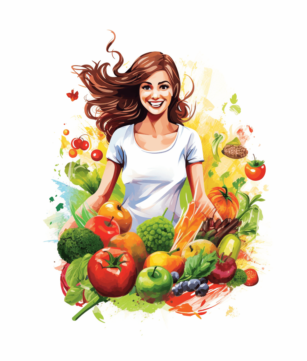 A beautiful woman surrounded by fresh fruits and vegetables, smiling at the camera with her hair flowing behind her. The background is white and there is an illustration of healthy food in front of it. Tshirt design graphic, vector, contour, on isolated white color background, with no mockup or text. Isolated tshirt logo in the style of a vector sticker, high resolution, digital art.