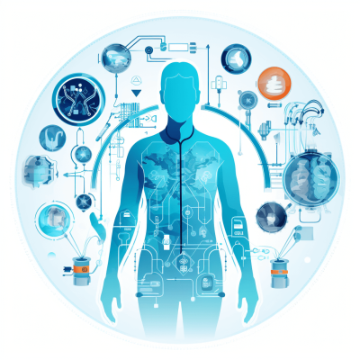 Vector illustration of human silhouette with futuristic medical technology icons, vector graphic design on white background, digital and organic elements composition, blue color scheme, futuristic atmosphere, full body view with equipment details around the figure. Vector graphics. White background. A large circle in front of it, surrounded by various images representing different" "VECTORactly AI". It includes an abstract representation of global data flow and interconnected devices like smartwatches or mobile phones, symbolizing health monitoring through artificial intelligence. The overall mood is professional and technological, with bright colors.