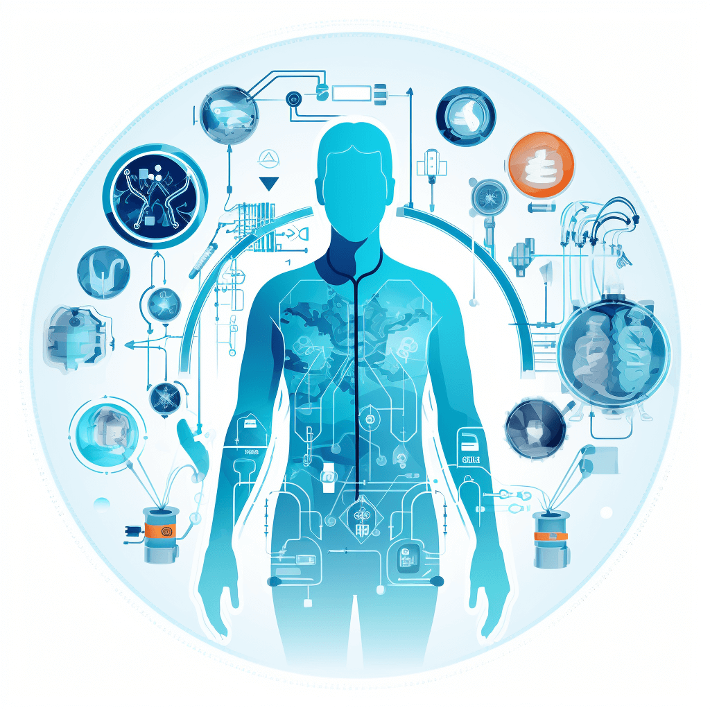 Vector illustration of human silhouette with futuristic medical technology icons, vector graphic design on white background, digital and organic elements composition, blue color scheme, futuristic atmosphere, full body view with equipment details around the figure. Vector graphics. White background. A large circle in front of it, surrounded by various images representing different” “VECTORactly AI”. It includes an abstract representation of global data flow and interconnected devices like smartwatches or mobile phones, symbolizing health monitoring through artificial intelligence. The overall mood is professional and technological, with bright colors.