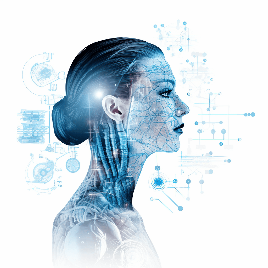 Illustration of a Woman with digitally glowing skin and robotic features shown in profile view on a white background, surrounded by futuristic technology symbols and charts rendered in shades of blue, grey and silver in the style of digital art with sharp focus, high resolution, HDR effect, isolated on the edges against a white isolated background.