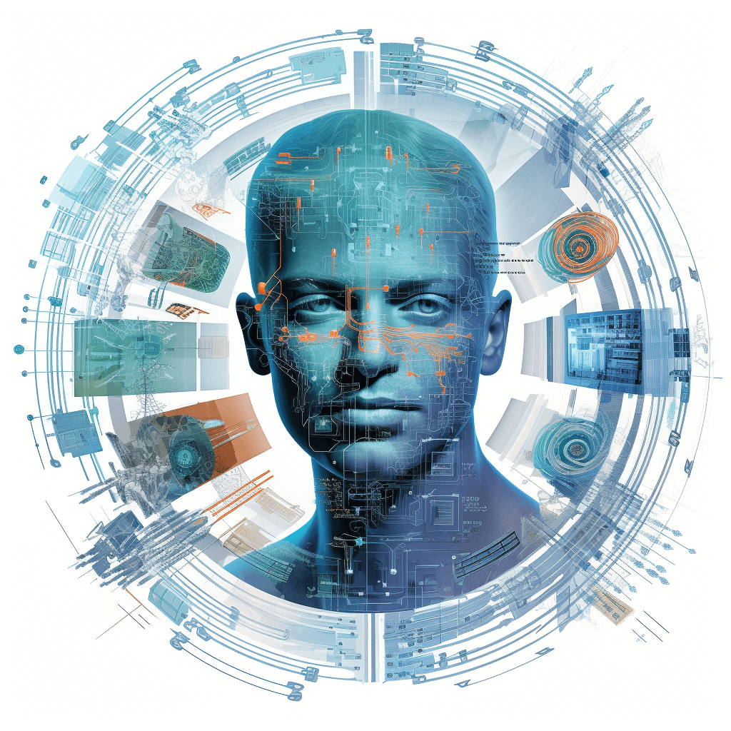 A digital illustration of an AI head surrounded by various tech elements like circuit boards, code patterns and icons representing data collection and processing on a white background. The face is set against the center with soft blue tones to highlight its features. Surrounding it in circles around the main figure are different types of computer screens displaying information or software interfaces. This design symbolizes artificial intelligence technology in the style of various tech and data elements.