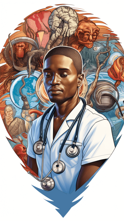 An illustration of an African American male nurse surrounded by various medical symbols, such as a stethoscope and human anatomy images. The background is a stylized heart shape with the earth's globe in it. In front there’s a white shirt on him with no patterns or designs. He has short hair styled neatly without any facial hair. This artwork embodies elements from both modern medicine and traditional diverse cultures, making for a visually captivating composition. The illustration is in the style of vector art and vector design.