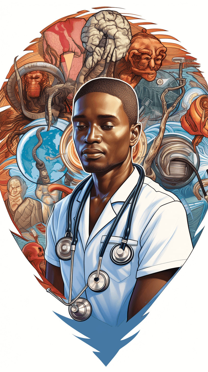 An illustration of an African American male nurse surrounded by various medical symbols, such as a stethoscope and human anatomy images. The background is a stylized heart shape with the earth’s globe in it. In front there’s a white shirt on him with no patterns or designs. He has short hair styled neatly without any facial hair. This artwork embodies elements from both modern medicine and traditional diverse cultures, making for a visually captivating composition. The illustration is in the style of vector art and vector design.